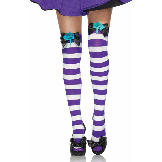 LEG AVENUE MAD HATTER BOW TOP THIGH HIGHS WHITE AND PURPLE