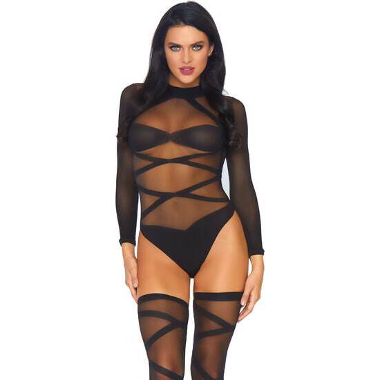 LEG AVENUE LONG SLEEVED TEDDY WITH OPAQUE LACE UPS AND MATCHING